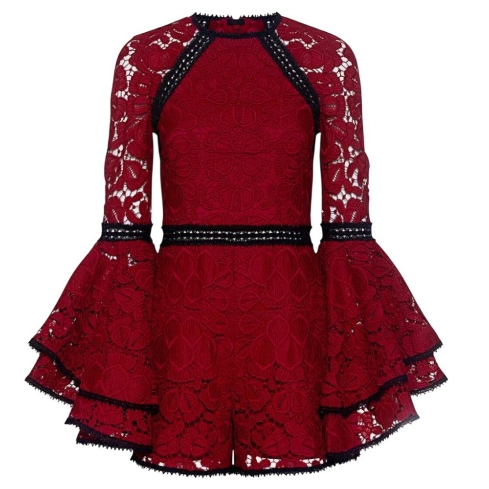 Alexis Red Guipure Lace Bell Sleeve Romper with Black Crochet Trim Size‎ S